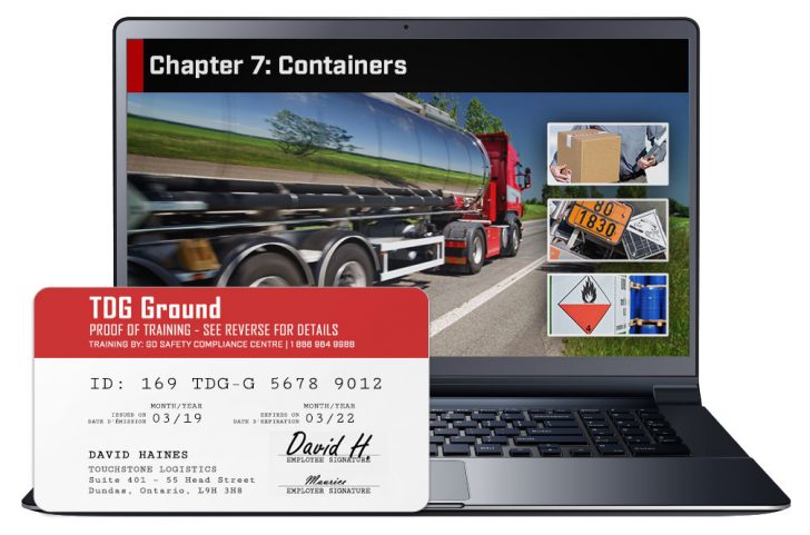 Screen shot of and Proof of Training certificate from the Transporation of Dangerous Goods - Ground Course