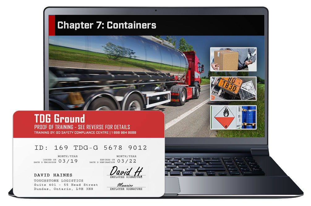 Screen shot of and Proof of Training certificate from the Transporation of Dangerous Goods - Ground Course